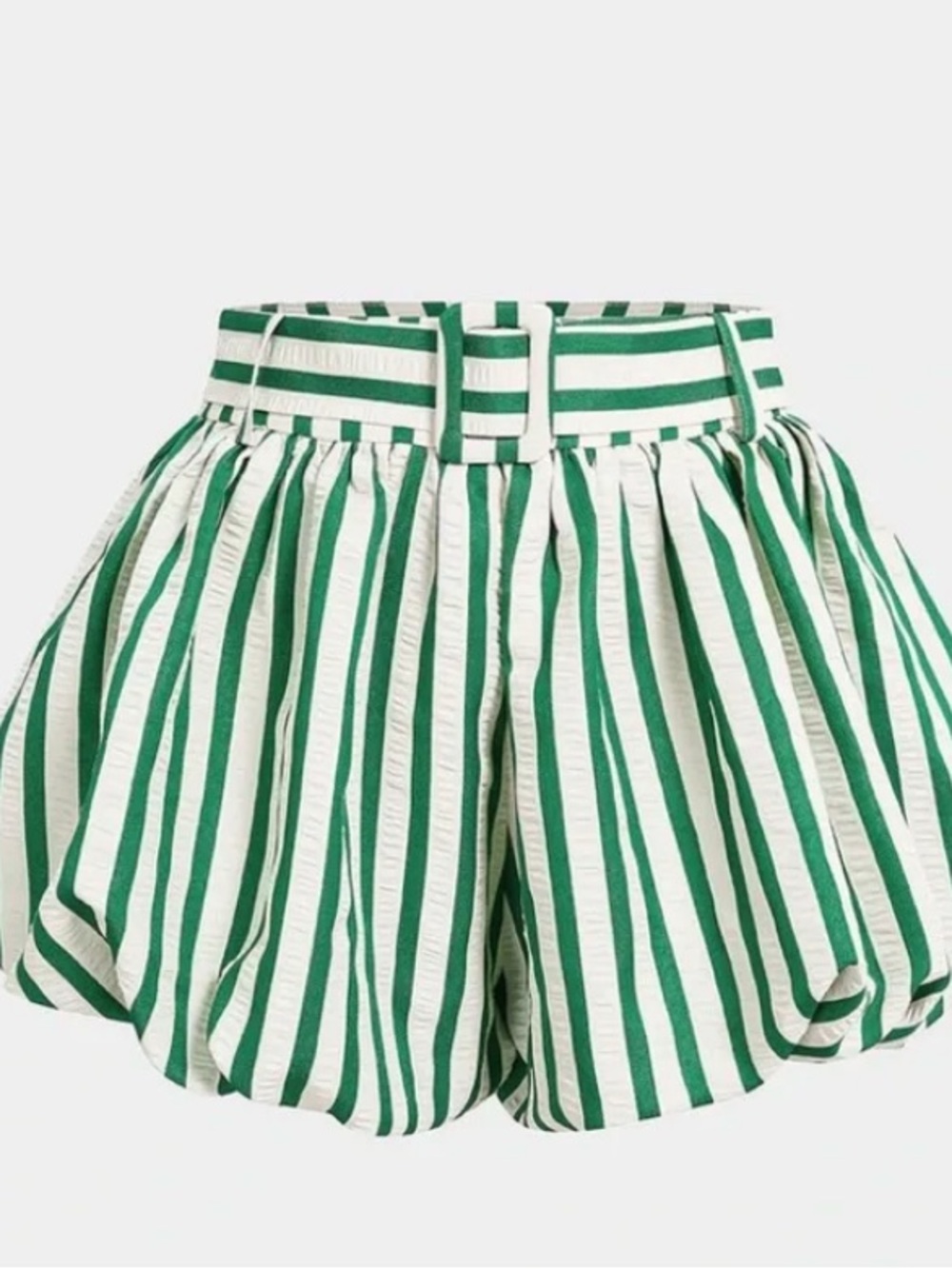 Green and White Striped Balloon Shorts with Belt